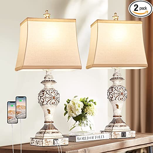 Touch Console Lights Set of 2, 3-Way Dimmable Bedside Lamp with Dual USB Charging Ports, Modern White Bedside Table Lamp for Living Room Bedroom, Bulb Included