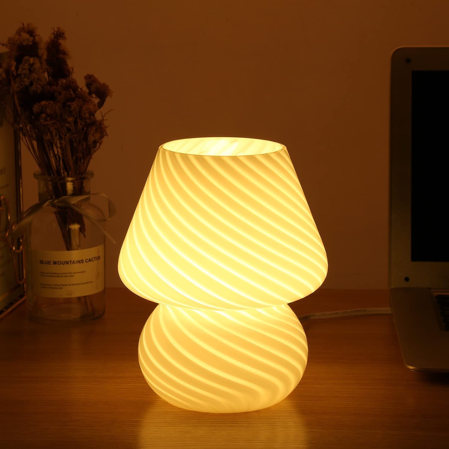 Mushroom Lamp, Glass Desk Bedside Lamp Translucent Murano Retro Style Striped Night Mushroom Decorative Lamp Swirl For Environment